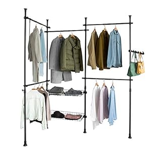 SoBuy KLS04-Sch Kledingrek Klerenrailsysteem Opbergsysteem Telescopisch Kledingrek met 5 Kledingstangen en 2 Manden…