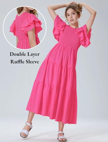 Mebius Girls Maxi Long Smocked Dresses Kids Boho Summer Flowy Ruffle Sleeve Tiered Flutter Sleeve A-line Dress 6-12Y4
