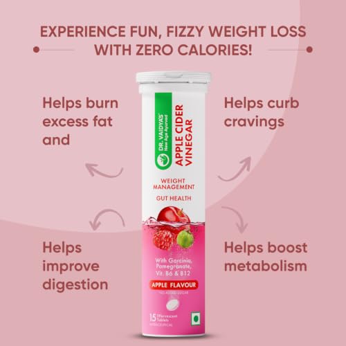 Image of Dr. Vaidya's Apple Cider Vinegar (ACV) Effervescent Tablets with Garcinia, Pomegranate, Vitamin B6 & B12 | Supports Weight Management, Metabolism, Digestion & Gut Health | Tasty Apple Flavour | 15 Tablets per Pack , Pack of 2