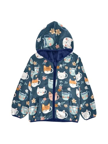 Teacup Cat Pet Girls Fleece Jacket Girls Fall Jacket Boys Coats Zip Up Hoodie Children Sherpa Warm Outerwear 2-10T