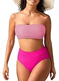 Picture of Pink Queen Women's 2 Piece High Waisted Bikini Set Bandeau Off Shoulder High Cut Cheeky Bating Suit Swimsuit Pink S