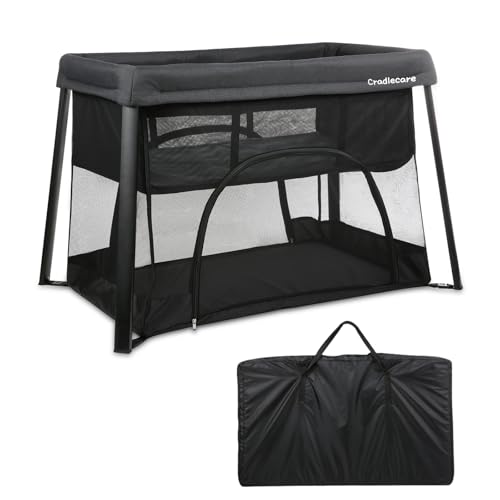 Cradlecare Travel Pack and Play with Bassinet & Mattress Lightweight Portable Baby Bed Foldable Playard for Travel & Home Easy Setup Playpen for Babies & Toddlers with Storage Bag (Black)