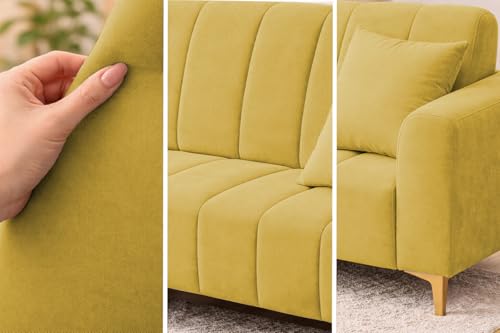 Image of Casaliving Velour Modern Velvet Sofa, Tufted Design Upholstered 3 Seater Sofa Set for Living Room, (Yellow Colour) Premium Velvet Fabric Sofa | Easy to Clean