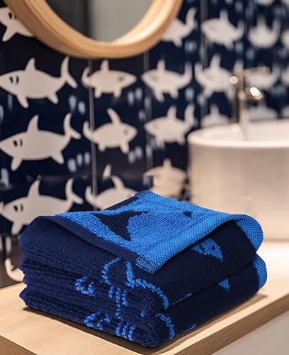 Image of ORIGINAL KIDS Wash Cloth - Bath Time Shark Attack Set of 12 Washcloths - 100% Cotton Jacquard Super Soft Colorful Absorbent Quick Dry Easy Care Face Towel Face Cloth Gift - 12 x 12 - Navy Blue