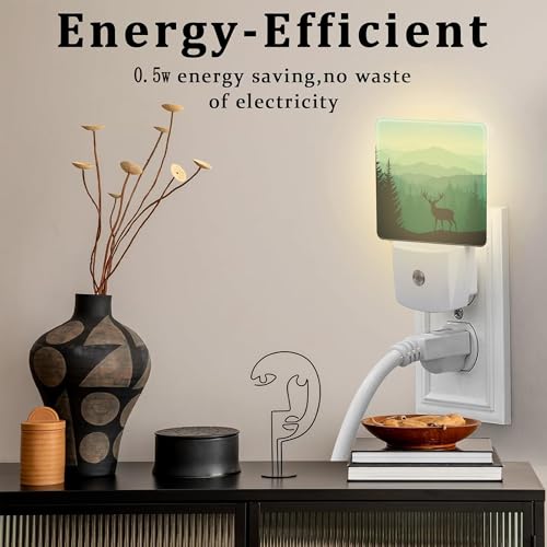 Image of Misty Forest Deer and Mountain Night Light for Kids,Natural Landscape Wild Animal Night Light Plug in with Dusk to Dawn Sensor,0.5w Energy Saving Nightlight for Hallway Stairway Kitchen Bedroom
