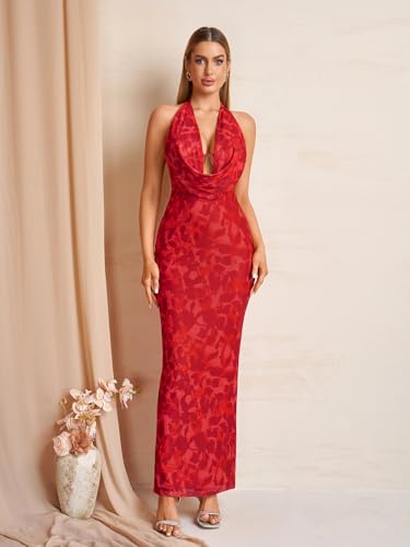 Image of KUTUMAI Women V Neck Long Formal Dress Floral Bodycon Maxi Split Back Dresses Sexy Sequin Evening Cocktail Party Gown