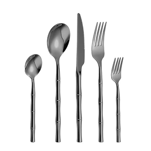 OLSKFUH Cutlery Flatware Cutlery Set, 5/20/30/40/50/60Pcs 304 Stainless Steel Cutlery Set Bamboo Handle Knife, Fork And Spoon Set,Black-4Set