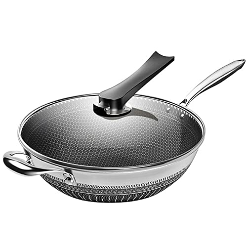 Wok de acero inoxidable con tapa, revestimiento antiadherente de panal de abeja, sartén de inducción, compatible con fácil limpieza, resistente al desgaste, apto para lavavajillas