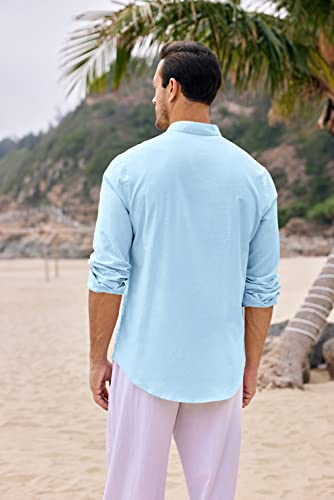 Mens Linen Cotton Henley Shirts Long Sleeve Beach Shirt Casual Lightweight Hippie Yoga Tops Blue #TOP3