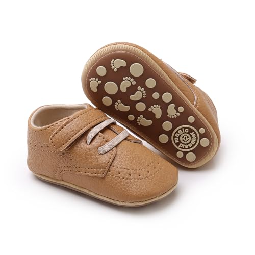 Image of SOFMUO Baby Boys Girls High Top Ankle PU Leather Sneakers Soft Rubber Sole Infant Moccasins Newborn Oxford Loafers Anti-Slip Toddler Wedding Uniform Dress Shoes