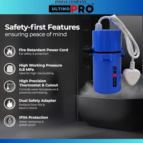 Image of ULTINO-PRO Brand) UNLIMITED WATER RUN Instant Electric Water Geyser, Portable Geyser, Mini Geyser, ABS Body- Shock Proof, Electric Saving, Replacement Warranty (BLUE)