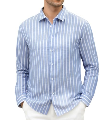 Check out this Damipow Mens Linen Cotton Striped Long Sleeve Dress Shirt Casual Button Down Shirt,Light Blue,L from Amazon!