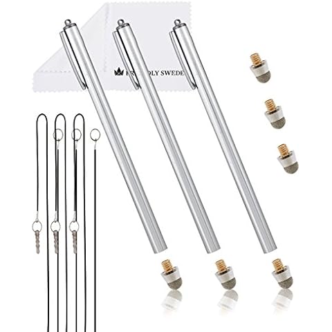 The Friendly Swede Extra Long Stylus Pens for Touch Screens 7.3" - Replaceable Fiber Tip - Incl. Elastic Tether Lanyards & Spare Tips - Set of 3 Premium XXL Micro-Knit Capacitive Styluses - Silver Cover