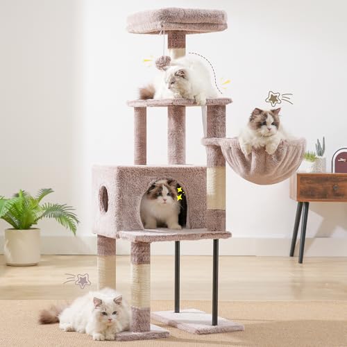 Image of Heybly Cat Tree with Toy, 49.2 inch Cat Tower for Indoor Cats HCT200SMU | Spacious Cat House Condo with Hidden Space,Soft Plush Top Perch,Cozy Hammock and Sisal Scratching Posts, Rosy Brown
