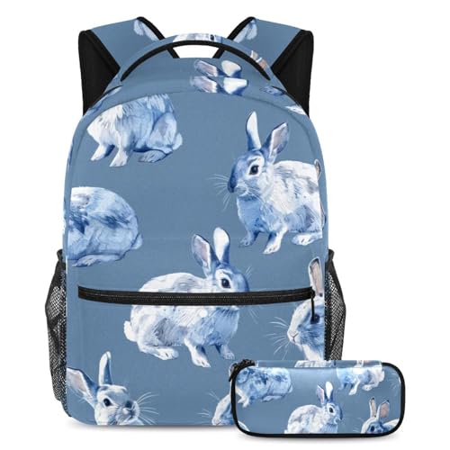 Cartable lapin bleu avec trousse assortie pour écoliers garçons et filles