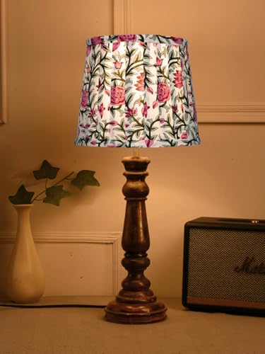 Image of Green Girgit Classic Wooden Lamp in Walnut Brown Color with Pleeted Multiolor Pink Rose Shade, Vintage Wooden Table Lamp with Floral Print Shade, Decorative Light for Bedroom (LED Bulb Included)