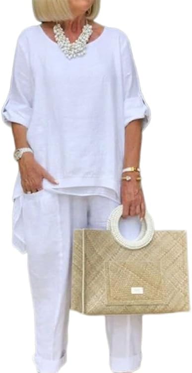 MARSVOVO Womens Plus Size Two Piece Suit Set Solid Summer Fall Soft Loose Crewneck Half Sleeve Casual Pant Suit with Pockets