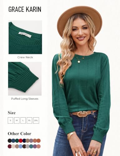 Image of GRACE KARIN Fall Sweaters for Women 2026 Puff Long Sleeve Crewneck Dressy Casual Tops Crochet Hollow Out Cute Pullover Blouse