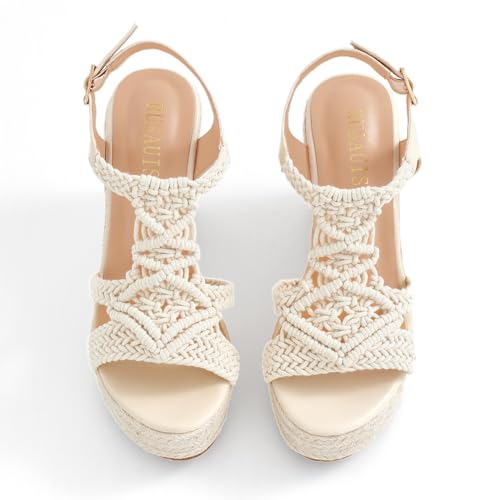 Image of Women's Woven Espadrille Wedge Sandals Bohemian Braided Open Toe Summer Shoes with Adjustable Strap 3.9 inch Platform Heel for Wide Feet, Comfortable Walking