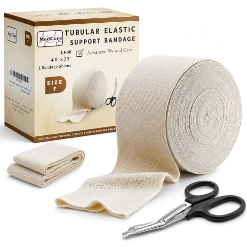 Tubular Compression Bandage Size F (4” x 33 ft) – Elastic Stockinette Support Sleeve for Large Knee, Thigh, Leg &amp; Arm – Cut-to-Fit, Washable Reusable, No Pins/Tape – Includes Bandage Medical Scissors