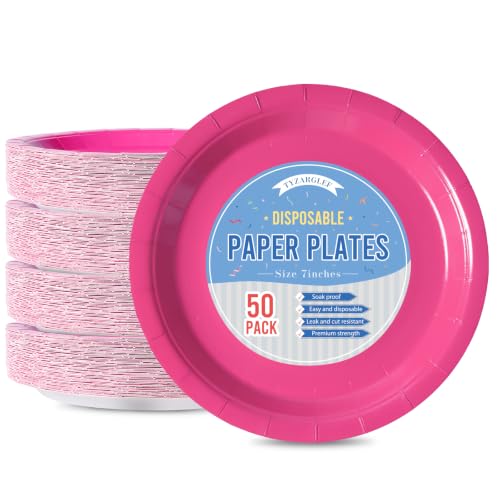Image of Hot Pink Disposable Paper Plates, 7 Inch Dessert Cake Plates, 50 Count Bulk