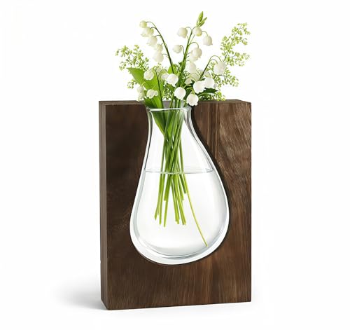 Kowckaa Wood and Glass Vase for Flowers - Handcrafted Solid Wood Glass Vase, Rustic Farmhouse Table Centerpiece, Artistic Wooden Vases for Home Decor Living Room (Large - Wide (9.5" H x 6.9" W))