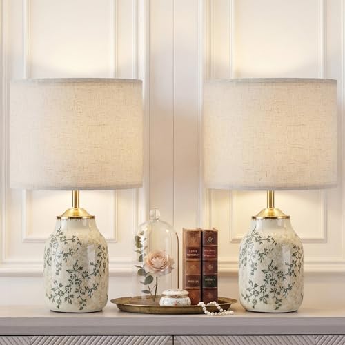 Tellingyou 2 Pcs 21 Vintage Green Ceramic Lamp with Beige Linen Shade Farmhouse Modern Table Lamp Ice Cracked Rose Floral for Bedroom Living Room Office Dorm Desk Table Rocker, Bulbs Not Included