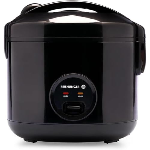 REISHUNGER Reiskocher & Dampfgarer mit Keramikbeschichtung - 1,2L, Schwarz - Für 1-6 Personen - Schnelle Zubereitung ohne Anbrennen - Mit Warmhaltefunktion inkl. Dämpfeinsatz, Löffel & Messbecher