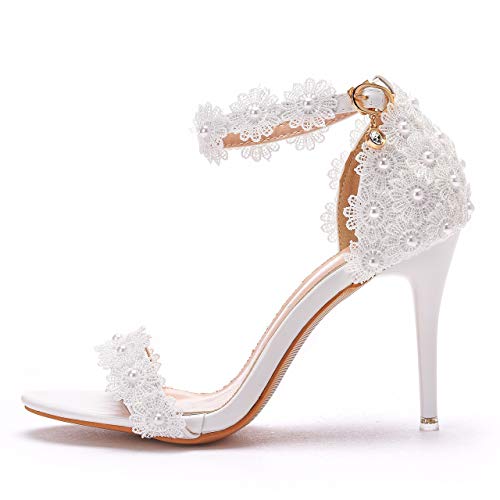 Crystal Queen Women White lace Ankle Strap High Heel Sandals Stiletto Heels Peep Toe Sandals Pump Shoes for Bride Wedding Party Evening PLX09WL-40 by Crystal Queen - Used condition - Image 4