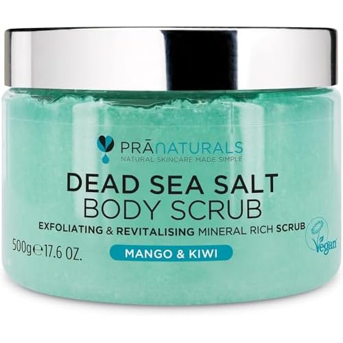 PraNaturals Körperpeeling mit Salz aus dem Toten Meer 500g - Feuchtigkeitsspendend & pflegend, Natürlichen Ölen & Mineralstoffen, keine Parabene, vegan, frei von Tierversuchen (Mango und Kiwi)