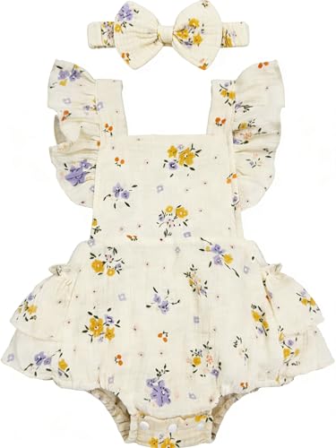 Lehoso Newborn Baby Girl Clothes Summer Sleeveless Ruffle Hem Cross Back One Piece Baby Girl Romper Infant Clothes (Beige, 6-12 Months)
