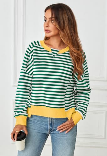 MEROKEETY Women\'s Striped Color Block Cropped Sweatshirts Oversized Crewneck Long Sleeve Sweater Y2K Shirt Tops, Green, S