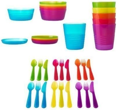 IKEA 36 Pcs Kalas Kids Plastic BPA Free Flatware, Bowl, Plate, Tumbler Set, Colorful, Free Bag