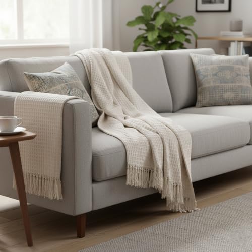 Image of 100% Cotton Waffle Weave Sofa Throw Blanket 50x60 Inches or 125x150 cms Lightweight, Soft & Breathable Couch, Bed or Chair Throw Blanket for Living or Bedroom, Beige