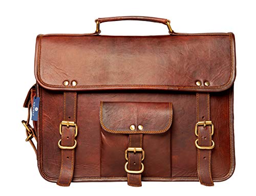 ANUENT Laptop Bags Vintage Soft Leather Messenger Brown Real Laptop Satchel Bag Genuine Briefcase A (15 INCHES)