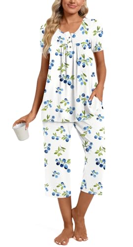 Image of Womens Summer Pajama Sets 2 Piece Short Sleeve Top and Capri Pants Plus Size Ladies Lounge Pjs Sets with Pockets