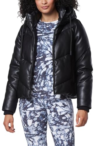 Andrew Marc Women's Super Puffer Jacket, Black Faux Leather, Small