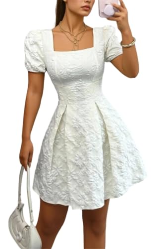 Image of 2026 Women's Floral Square Dress Puff Sleeve Ruffle Hem a Line Boho Print Elegant Mini Dresses Parties Beach Evenings Out (White,M)