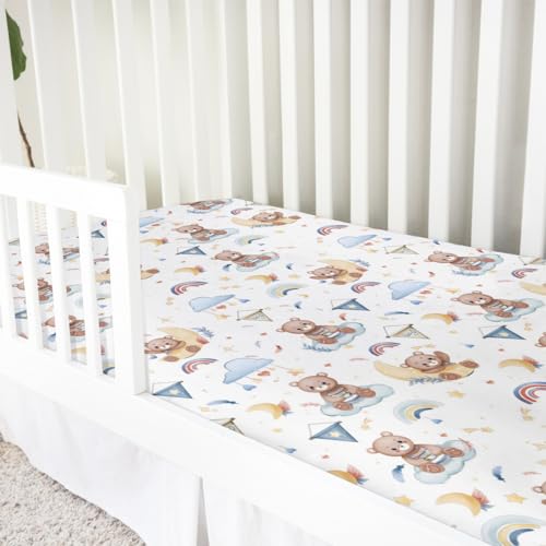 Image of Cartoon Cute Bear Baby Crib Mattress Sheet 52''x28'' Bear Rainbow Moon Stars Clouds Leaf Snug Fitted Crib Mattress Cover for Boy Girl Soft Nursery Standard Crib Toddler Mattress Pad Cover Blue