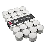 COM-FORT HOUSE | Velas de te Blancas | Pack velas de 50 Unidades | Velas de Té Calientaplatos | Tealight | 8 Horas de Duración | Velas Decorativas Sin Perfume