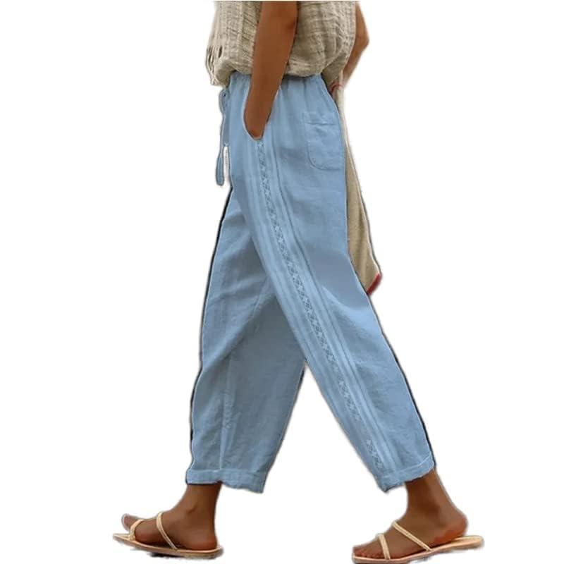 ZOCAVIA Women's Summer Linen Pants Elastic Waist Straight Palazzo Pants with Pockets Casual Baggy Cropped Pant Beach Trousers
