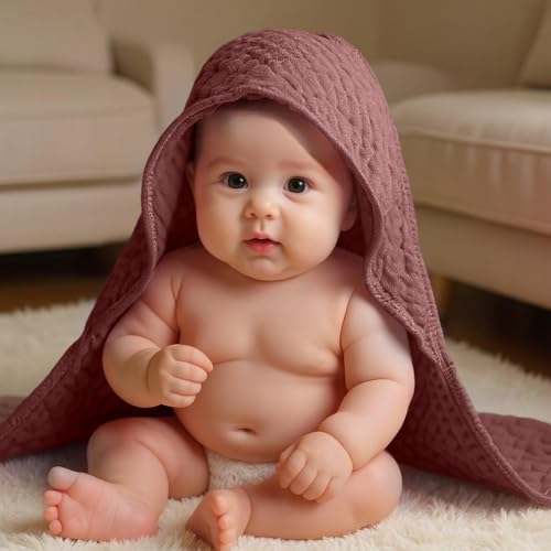 Image of Peryiter 6 Pcs Muslin Hooded Baby Towels, 32 inchx 32 inch Cotton Newborn Bath Towel Muslin Infant Baby Blankets Absorbent Unisex Newborn Registry Gift Essentials for Girls Boys (Pink,Blush,Red)