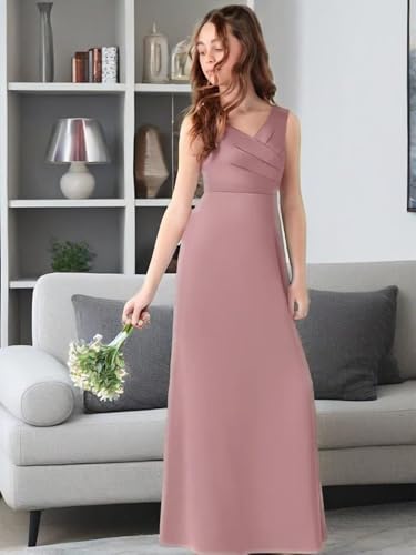 Satin Junior Bridesmaid Dress for Wedding Kids V-Neck A-Line Flower Girl Dresses Long Princess Pageant Prom Gowns4