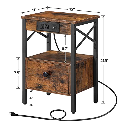 Hoobro Nightstands Set Of 2 With Charging Station, End Table With Drawer, Usb Ports And Power Outlets, Farmhouse Nightstand Sofa Table For Bedroom, Space Saving, Rustic Brown And Black Bf128Ubzp201G1 #TOP2