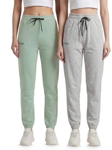 Image of Fflirtygo Cotton Solid Joggers /Track Pant /Solid Pajama /Leggings �100% Export Quality Soft Cotton Night Wear /Pocket Pyjama for Women Combo Pack of 2Pcs, Blue and Grey