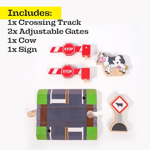 Wooden Railroad Crossing - 3 Piece Set: Rail Road Signal Gate, Wooden Sign, Cow - Compatible with All Major Train Brands - Railroad Toy Train Track Accessories - Zany Trains - Train Track