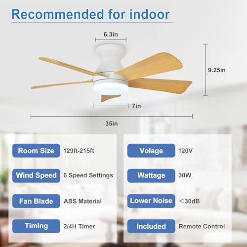 Image of Depuley 35-Inch Ceiling Fans with Lights: Indoor /Outdoor Flush Mount Ceiling Fan with Remote Control - Wood 5 Blade Low Profile Fandelier for Kitchen Gazebo - Reversible Quiet Timer - 2 Packs