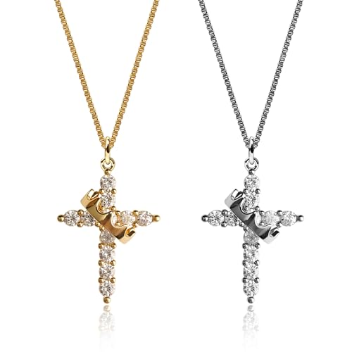 OOTDAY 2PCS Crown Necklace for Women 14K Gold Silver Cross Necklace Dainty Gold Plated Cross Necklaces Non-Tarnish Diamond Trendy Simple Faith Jewelry Gifts for Women