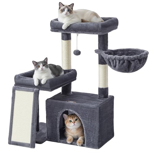 Feandrea Cat Tree, Cat Tower Condo with Scratching Posts and Ramp, 2 Large Perches, Cave, Basket, 33.8 Inches Tall, Dark Gray UPCT013GS02S by Feandrea - Used condition - US$31.63
