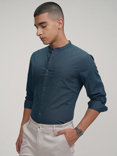 Image of Highlander Men's Slim Fit Casual Shirts | Solid | Long Sleeves | Mandarin Collar | Casual Shirts for Men